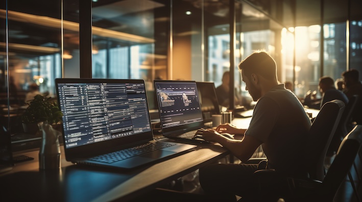 Kuvassa mies tietokoneella